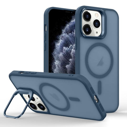 For iPhone 11 Pro Skin Feel Lens Holder Magsafe Phone Case(Dark Blue) by buy2fix