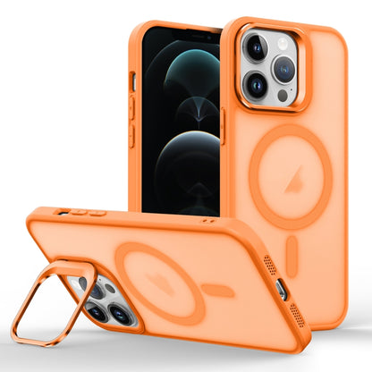 For iPhone 12 Pro Skin Feel Lens Holder Magsafe Phone Case(Orange) by buy2fix