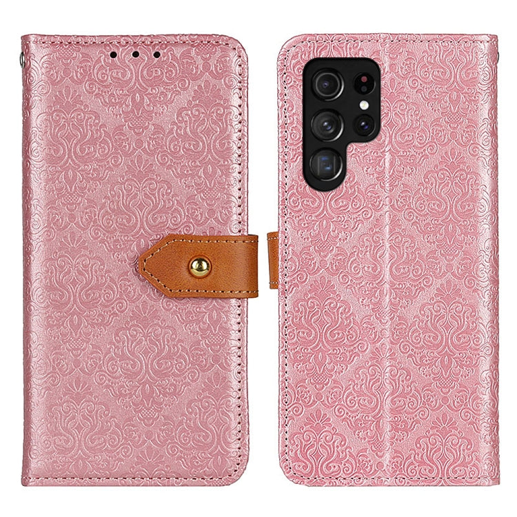 For Samsung Galaxy S25 Ultra 5G European Floral Embossed Leather Phone Case(Pink) by buy2fix