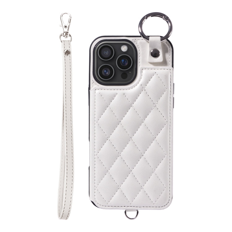 For iPhone 16 Pro Max Rhombic Texture Card Bag Phone Case with Short Lanyard(White) by buy2fix