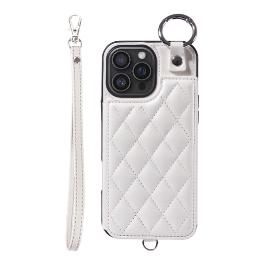 For iPhone 16 Pro Max Rhombic Texture Card Bag Phone Case with Short Lanyard(White) by buy2fix