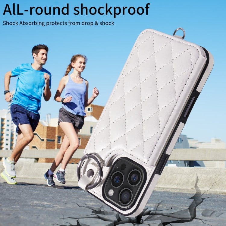 For iPhone 16 Pro Max Rhombic Texture Card Bag Phone Case with Short Lanyard(White) by buy2fix