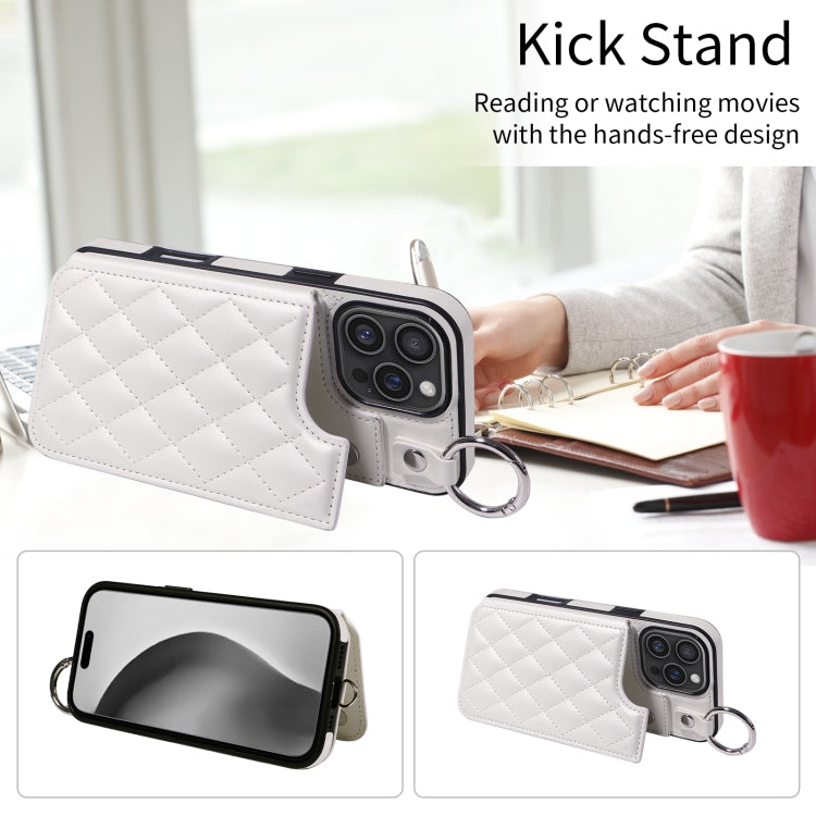 For iPhone 16 Pro Max Rhombic Texture Card Bag Phone Case with Short Lanyard(White) by buy2fix