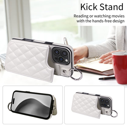 For iPhone 16 Pro Max Rhombic Texture Card Bag Phone Case with Short Lanyard(White) by buy2fix