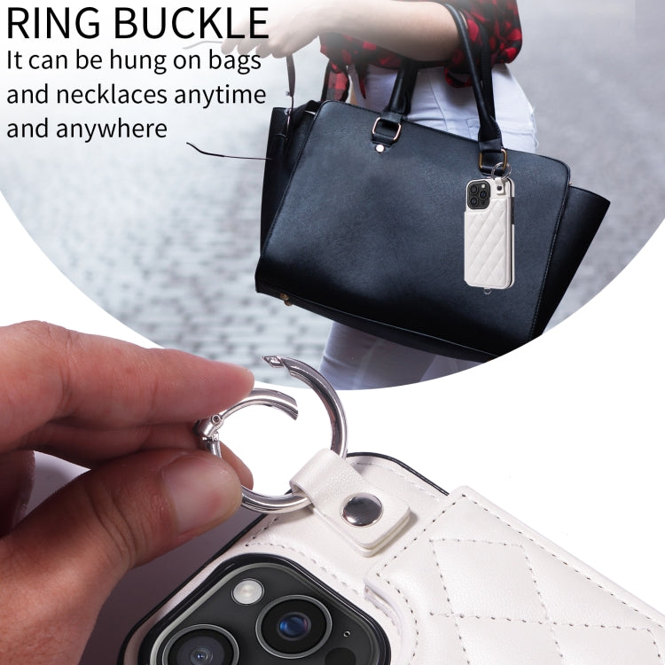 For iPhone 16 Pro Max Rhombic Texture Card Bag Phone Case with Short Lanyard(White) by buy2fix