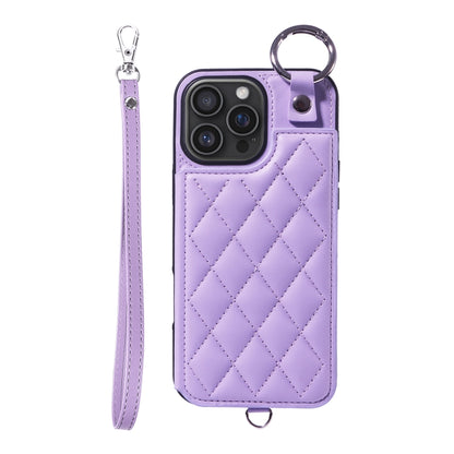 For iPhone 16 Pro Max Rhombic Texture Card Bag Phone Case with Short Lanyard(Purple) by buy2fix