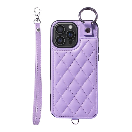 For iPhone 16 Pro Max Rhombic Texture Card Bag Phone Case with Short Lanyard(Purple) by buy2fix