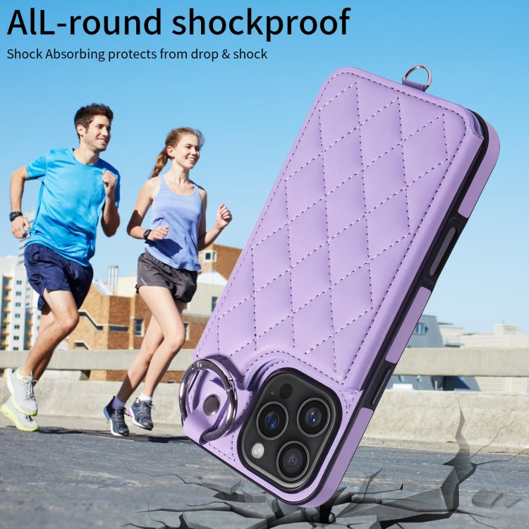 For iPhone 16 Pro Max Rhombic Texture Card Bag Phone Case with Short Lanyard(Purple) by buy2fix
