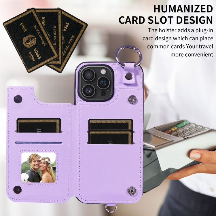 For iPhone 16 Pro Max Rhombic Texture Card Bag Phone Case with Short Lanyard(Purple) by buy2fix