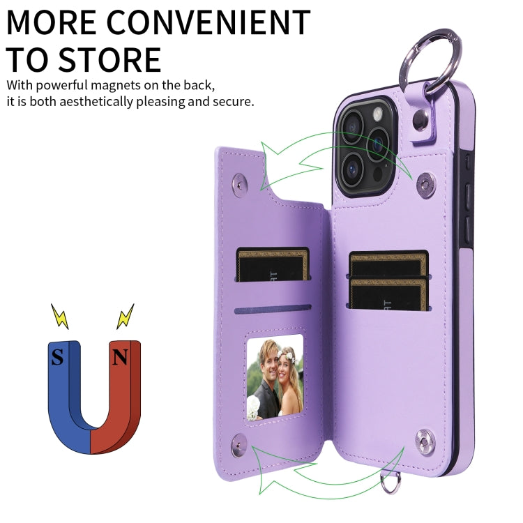 For iPhone 16 Pro Max Rhombic Texture Card Bag Phone Case with Short Lanyard(Purple) by buy2fix