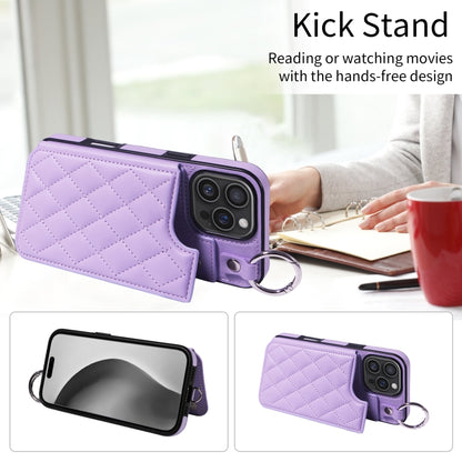 For iPhone 16 Pro Max Rhombic Texture Card Bag Phone Case with Short Lanyard(Purple) by buy2fix