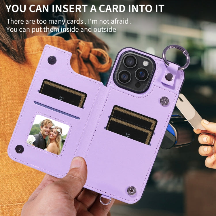 For iPhone 16 Pro Max Rhombic Texture Card Bag Phone Case with Short Lanyard(Purple) by buy2fix