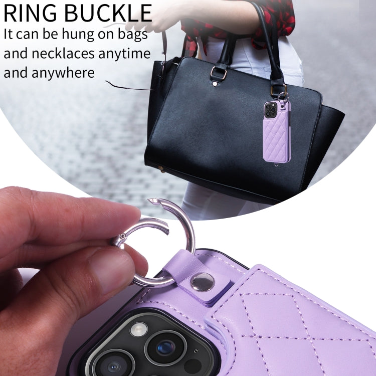 For iPhone 16 Pro Max Rhombic Texture Card Bag Phone Case with Short Lanyard(Purple) by buy2fix