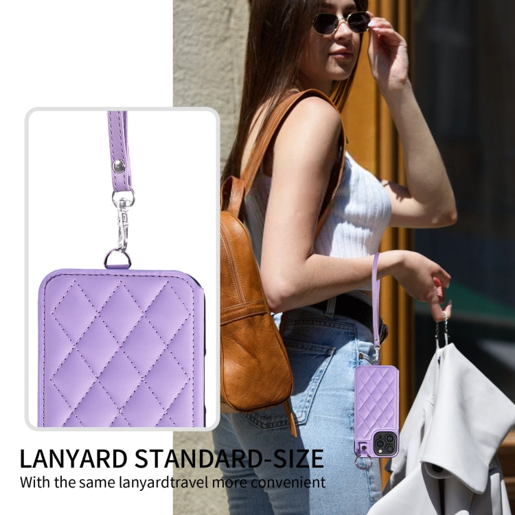 For iPhone 16 Pro Max Rhombic Texture Card Bag Phone Case with Short Lanyard(Purple) by buy2fix