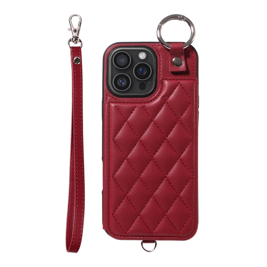 For iPhone 16 Pro Max Rhombic Texture Card Bag Phone Case with Short Lanyard(Wine Red) by buy2fix