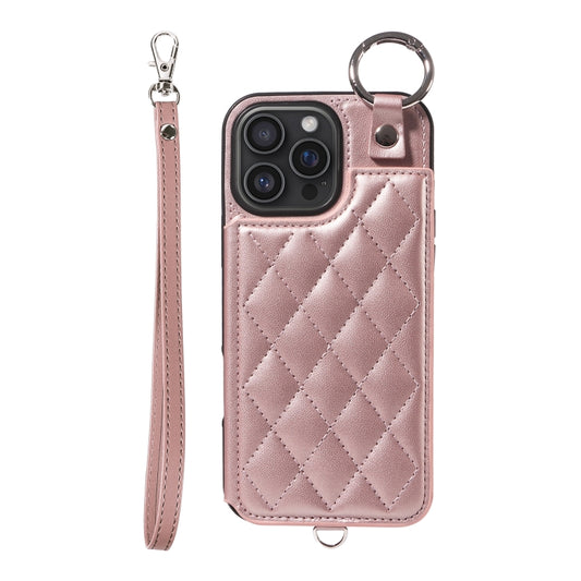 For iPhone 16 Pro Max Rhombic Texture Card Bag Phone Case with Short Lanyard(Rose Gold) by buy2fix