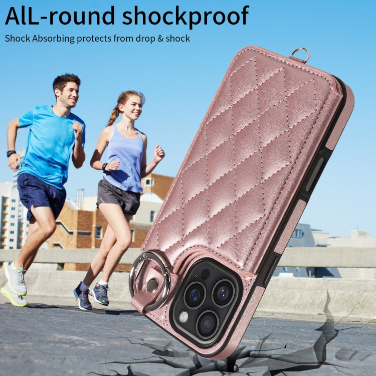 For iPhone 16 Pro Max Rhombic Texture Card Bag Phone Case with Short Lanyard(Rose Gold) by buy2fix