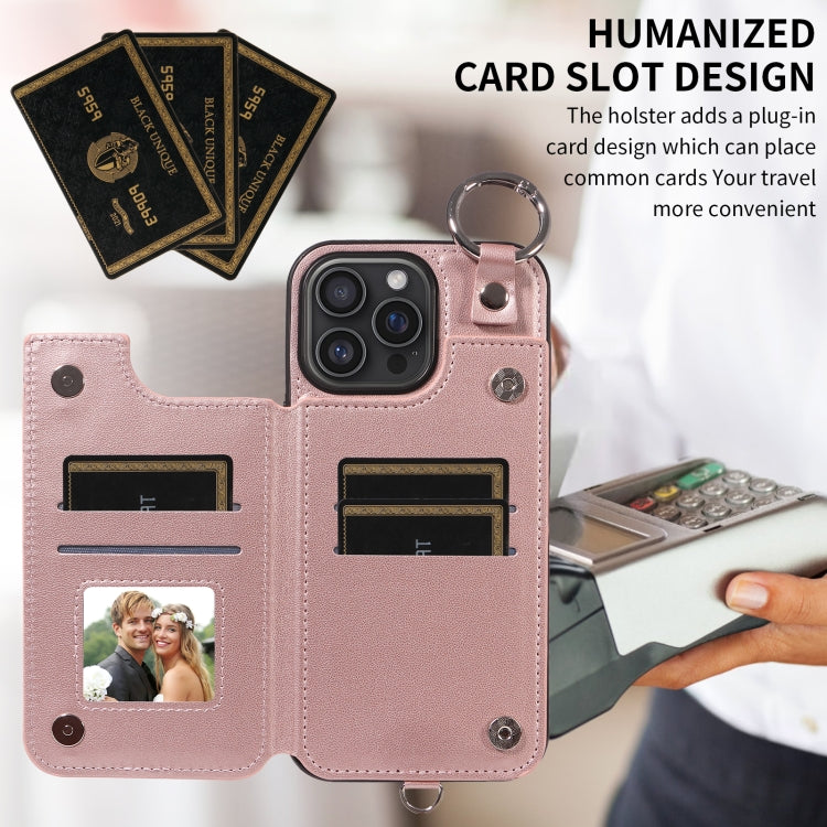 For iPhone 16 Pro Max Rhombic Texture Card Bag Phone Case with Short Lanyard(Rose Gold) by buy2fix