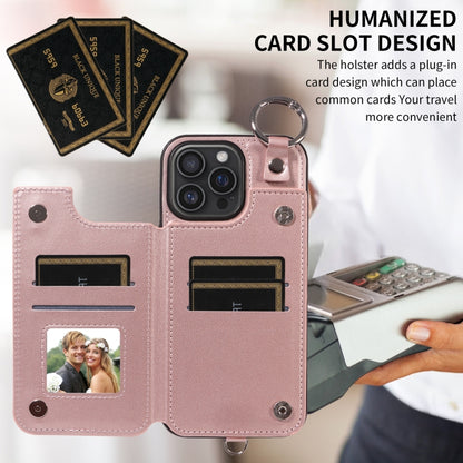 For iPhone 16 Pro Max Rhombic Texture Card Bag Phone Case with Short Lanyard(Rose Gold) by buy2fix