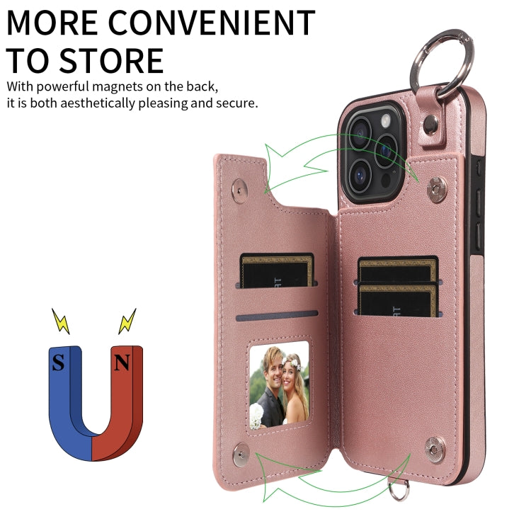 For iPhone 16 Pro Max Rhombic Texture Card Bag Phone Case with Short Lanyard(Rose Gold) by buy2fix