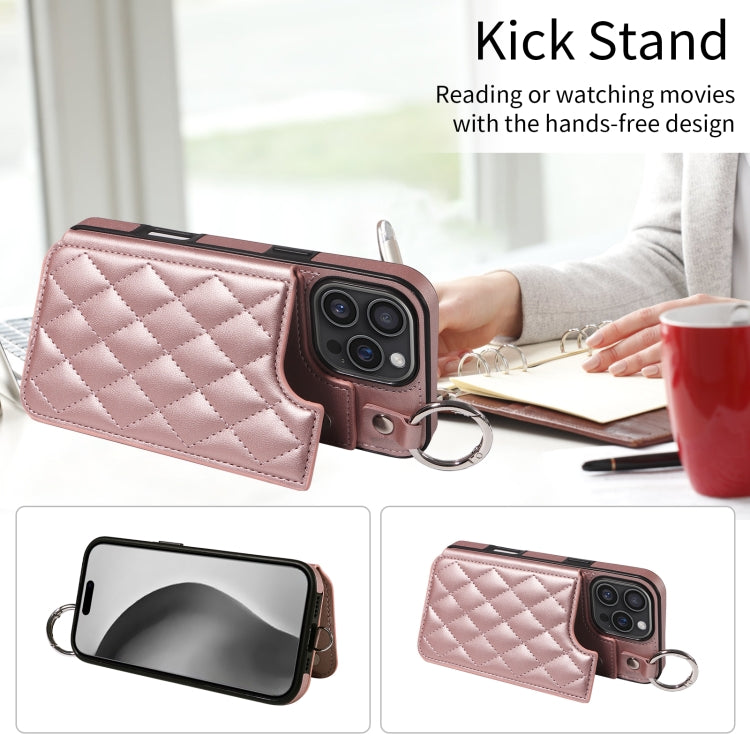 For iPhone 16 Pro Max Rhombic Texture Card Bag Phone Case with Short Lanyard(Rose Gold) by buy2fix