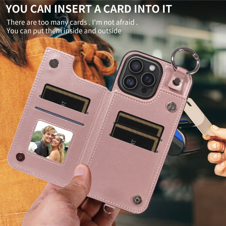 For iPhone 16 Pro Max Rhombic Texture Card Bag Phone Case with Short Lanyard(Rose Gold) by buy2fix