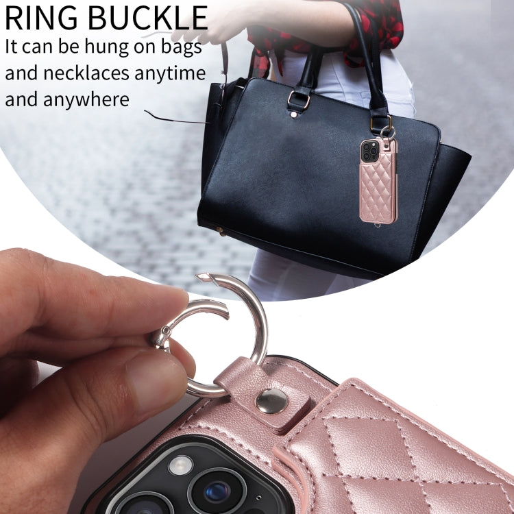 For iPhone 16 Pro Max Rhombic Texture Card Bag Phone Case with Short Lanyard(Rose Gold) by buy2fix