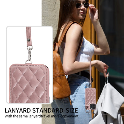 For iPhone 16 Pro Max Rhombic Texture Card Bag Phone Case with Short Lanyard(Rose Gold) by buy2fix