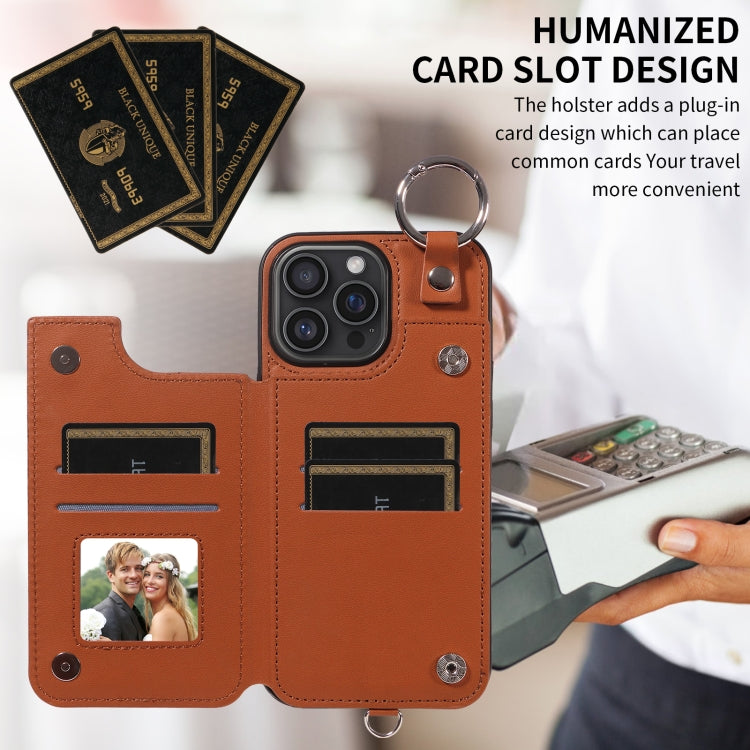 For iPhone 16 Pro Max Rhombic Texture Card Bag Phone Case with Short Lanyard(Brown) by buy2fix