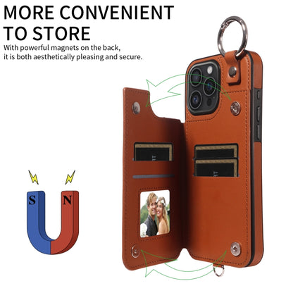 For iPhone 16 Pro Max Rhombic Texture Card Bag Phone Case with Short Lanyard(Brown) by buy2fix