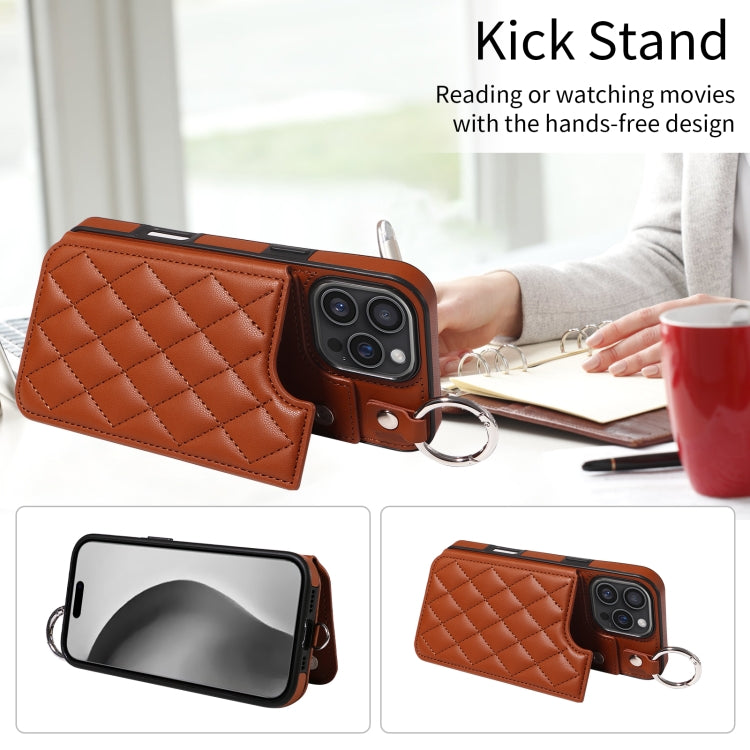 For iPhone 16 Pro Max Rhombic Texture Card Bag Phone Case with Short Lanyard(Brown) by buy2fix