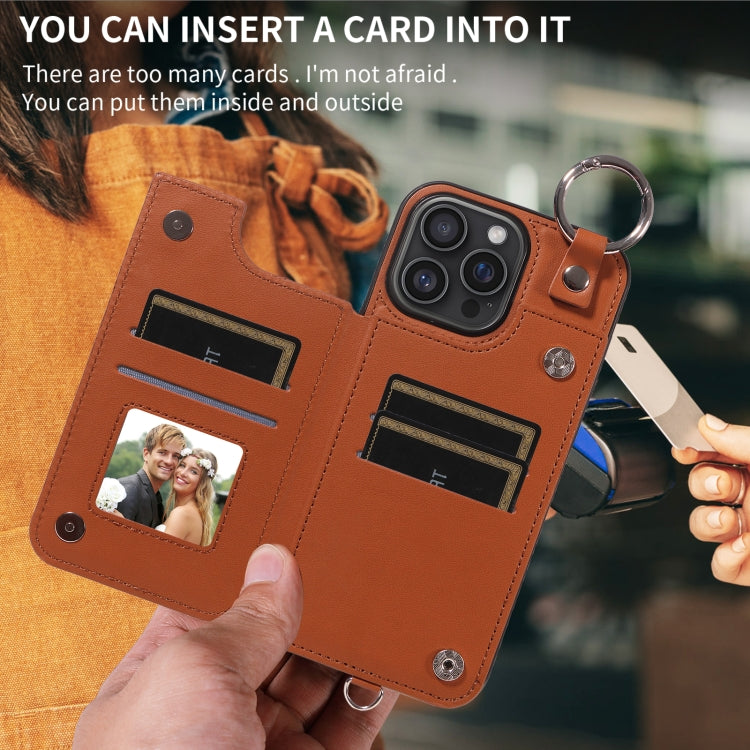 For iPhone 16 Pro Max Rhombic Texture Card Bag Phone Case with Short Lanyard(Brown) by buy2fix