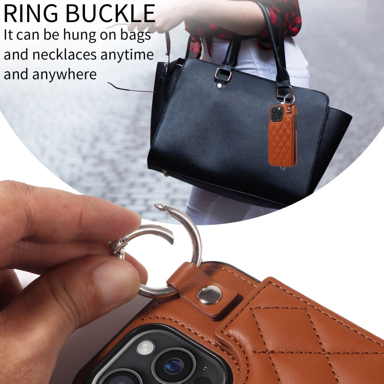 For iPhone 16 Pro Max Rhombic Texture Card Bag Phone Case with Short Lanyard(Brown) by buy2fix