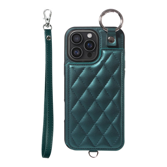 For iPhone 16 Pro Max Rhombic Texture Card Bag Phone Case with Short Lanyard(Green) by buy2fix
