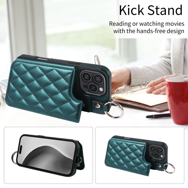 For iPhone 16 Pro Max Rhombic Texture Card Bag Phone Case with Short Lanyard(Green) by buy2fix