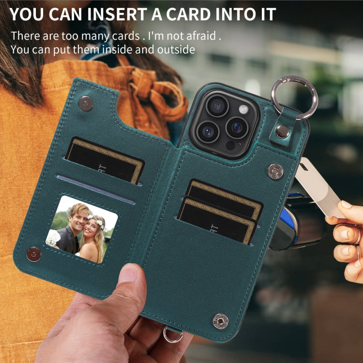 For iPhone 16 Pro Max Rhombic Texture Card Bag Phone Case with Short Lanyard(Green) by buy2fix