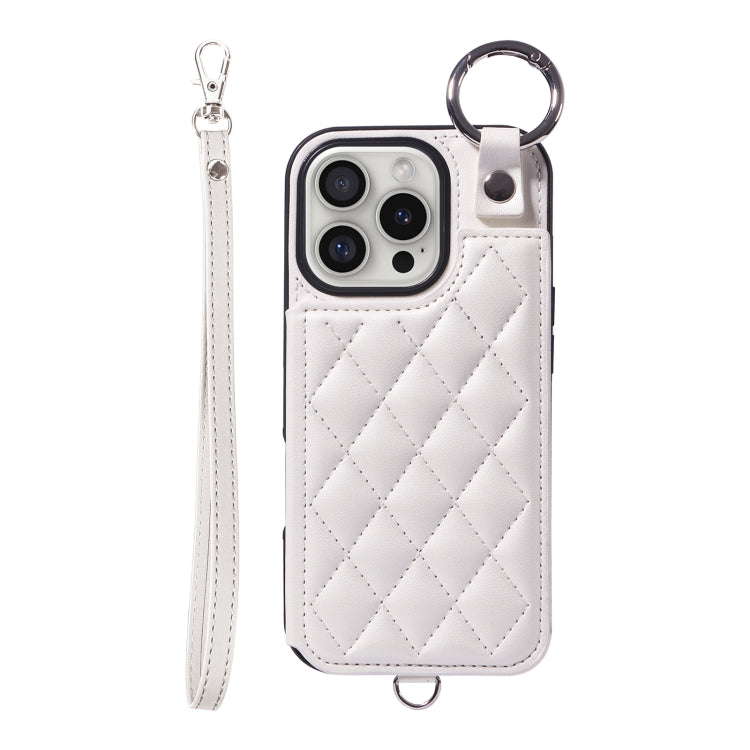 For iPhone 16 Pro Rhombic Texture Card Bag Phone Case with Short Lanyard(White) by buy2fix