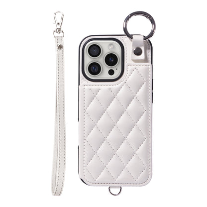 For iPhone 16 Pro Rhombic Texture Card Bag Phone Case with Short Lanyard(White) by buy2fix