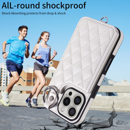 For iPhone 16 Pro Rhombic Texture Card Bag Phone Case with Short Lanyard(White) by buy2fix