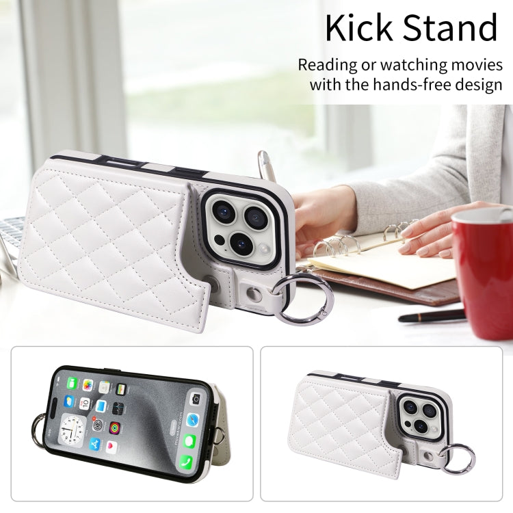 For iPhone 16 Pro Rhombic Texture Card Bag Phone Case with Short Lanyard(White) by buy2fix