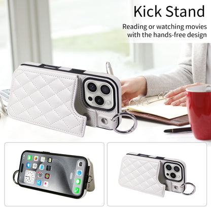 For iPhone 16 Pro Rhombic Texture Card Bag Phone Case with Short Lanyard(White) by buy2fix