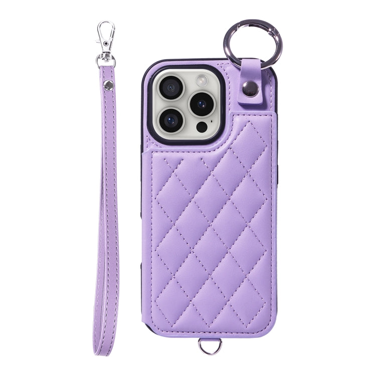 For iPhone 16 Pro Rhombic Texture Card Bag Phone Case with Short Lanyard(Purple) by buy2fix
