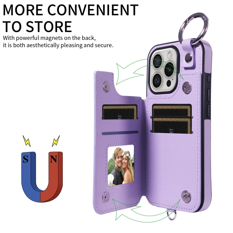 For iPhone 16 Pro Rhombic Texture Card Bag Phone Case with Short Lanyard(Purple) by buy2fix