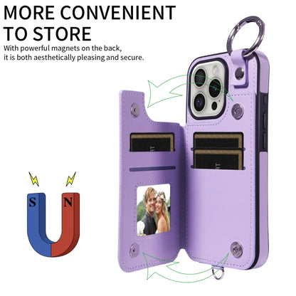 For iPhone 16 Pro Rhombic Texture Card Bag Phone Case with Short Lanyard(Purple) by buy2fix