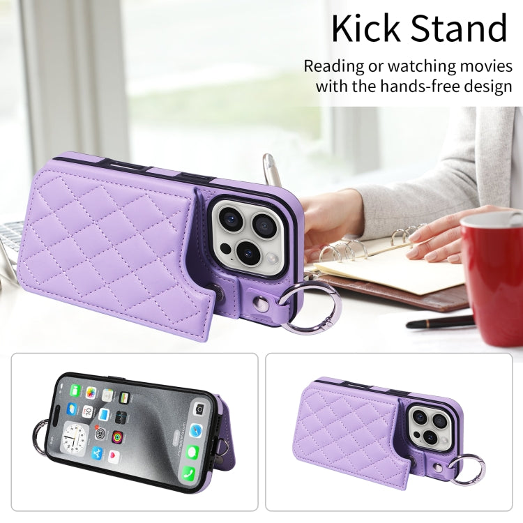 For iPhone 16 Pro Rhombic Texture Card Bag Phone Case with Short Lanyard(Purple) by buy2fix
