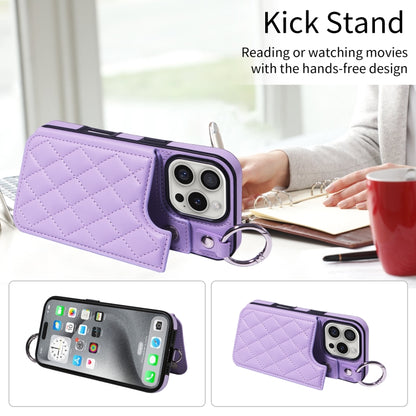 For iPhone 16 Pro Rhombic Texture Card Bag Phone Case with Short Lanyard(Purple) by buy2fix