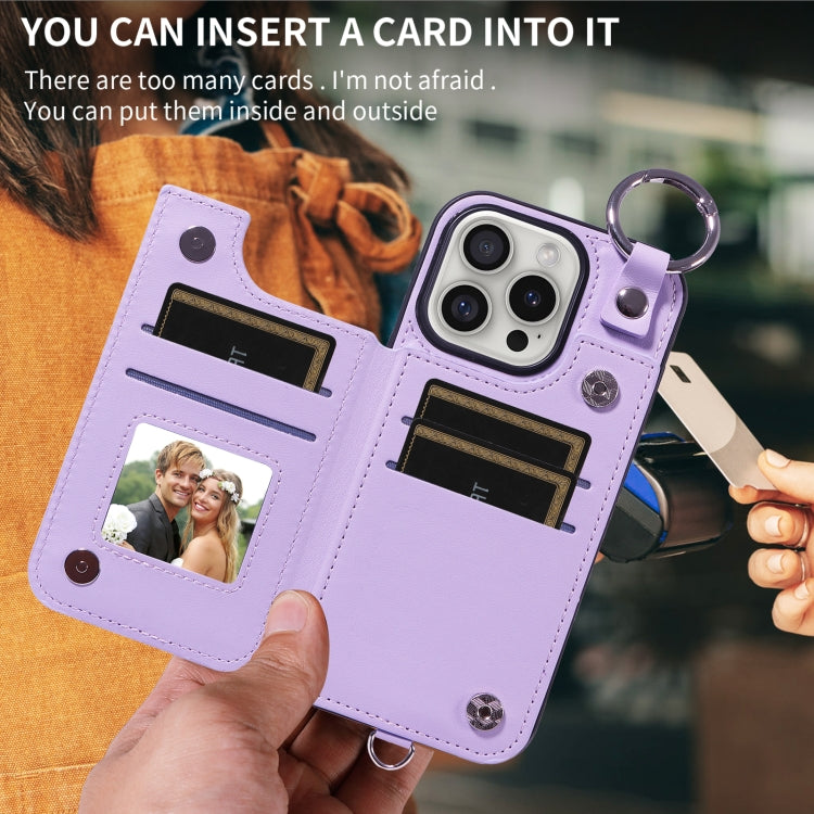 For iPhone 16 Pro Rhombic Texture Card Bag Phone Case with Short Lanyard(Purple) by buy2fix