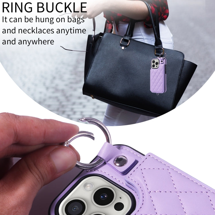 For iPhone 16 Pro Rhombic Texture Card Bag Phone Case with Short Lanyard(Purple) by buy2fix