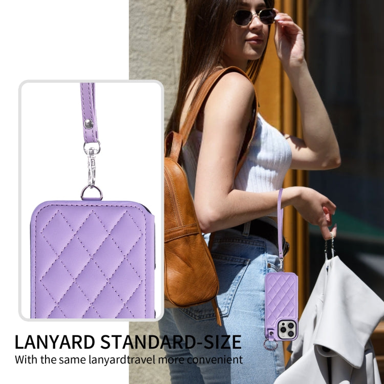 For iPhone 16 Pro Rhombic Texture Card Bag Phone Case with Short Lanyard(Purple) by buy2fix