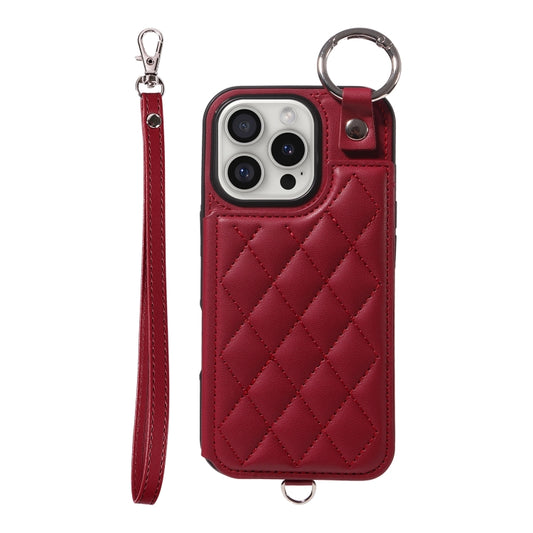 For iPhone 16 Pro Rhombic Texture Card Bag Phone Case with Short Lanyard(Wine Red) by buy2fix